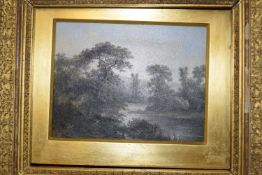 OIL ON CANVAS, SCENE OF A LAKE, WITH INITIALS 'AS' IN BOTTOM LEFT HAND CORNER, IN GILT FRAME