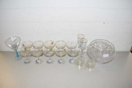 QUANTITY OF GLASS WARES, CHAMPAGNE GLASSES, CUT GLASS BOWLS ETC