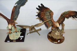 TWO CERAMIC MODELS OF EAGLES BY ELAN AND A BRASS EAGLE