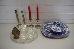 WILLOW PATTERN DISH AND BLUE AND WHITE BOWL, TOGETHER WITH QUANTITY OF CUT GLASS AND GERMAN METAL