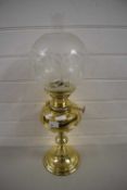 BRASS OIL LAMP WITH GLASS CHIMNEY AND SHADE WITH FLEUR DE LIS DECORATION