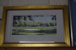 PRINT OF A CRICKET GAME SIGNED TO MOUNT 'N TURLEY' AND ALSO 'J BIRKENSHAW', IN GILT FRAME