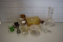 QUANTITY OF GLASS WARES, AMBER COLOURED ART DECO VASES, CANDLESTICKS, DECANTER ETC