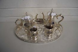 SILVER PLATED OVAL TRAY TOGETHER WITH TEA POT, COFFEE POT, MILK JUG AND SUGAR