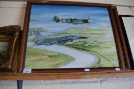 PAINTING ON PANEL OF A SPITFIRE AND A MODERN FIGHTER JET, SIGNED DAVID WOOLNOUGH, 1992