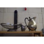 SILVER PLATED WARES TO INCLUDE JUGS, TABLE BASKET ETC