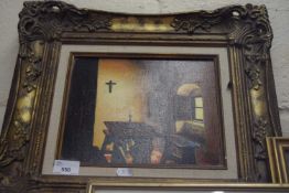 RICHARD WATTS, STUDY OF AN INTERIOR SCENE WITH TABLE AND CRUCIFIX, OIL ON CANVAS, GILT FRAMED