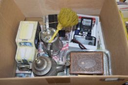 BOX CONTAINING VARIOUS SUNDRIES INCLUDING CASSETTE TAPES, CAMERA, ETC