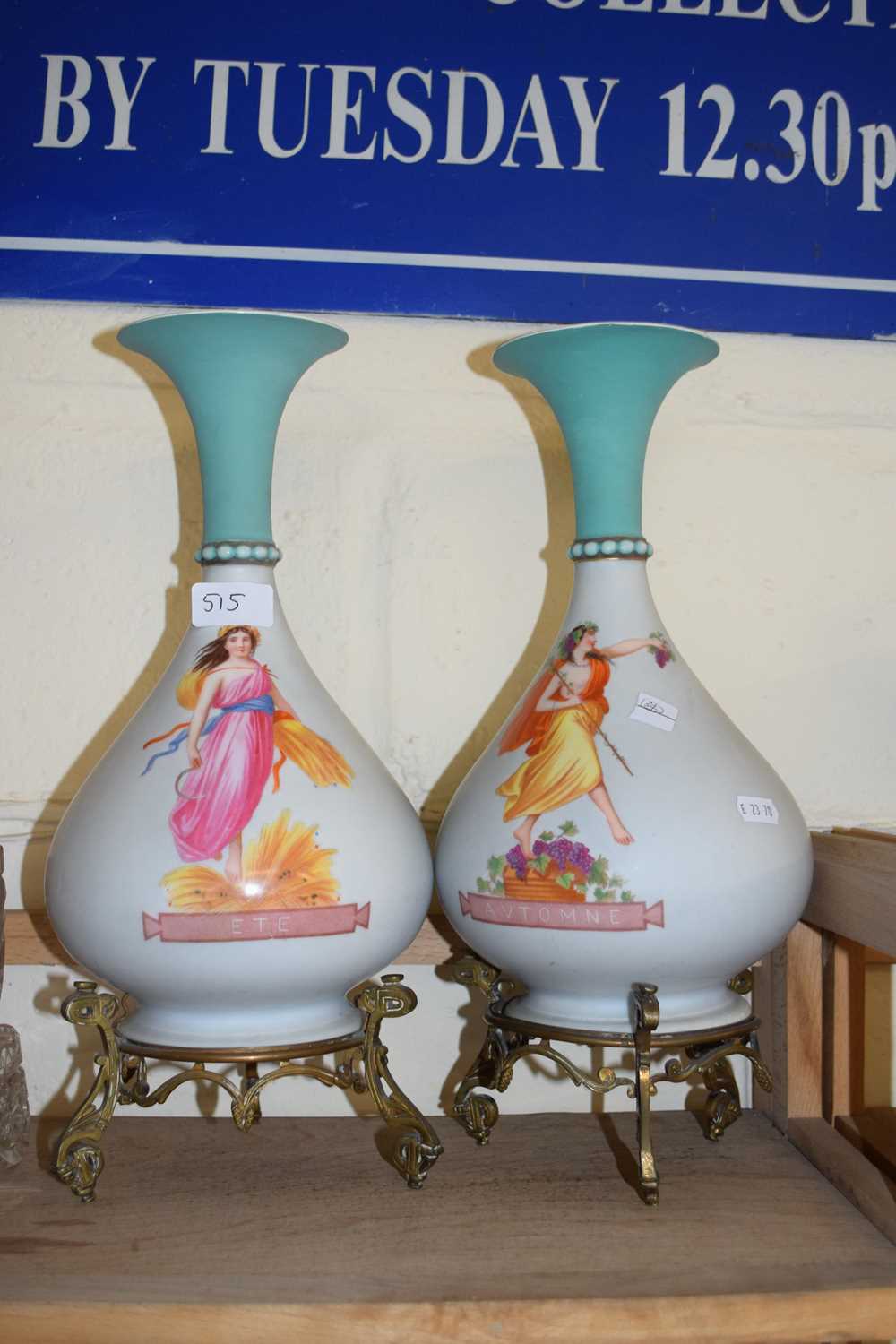 PAIR OF LATE 19TH CENTURY FRENCH BALUSTER VASES DECORATED WITH CLASSICAL FIGURES, RAISED ON METAL