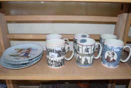 VARIOUS WEDGWOOD TANKARDS TO INCLUDE WILLIAM SHAKESPEARE AND CHARLES DICKENS EDITIONS, PLUS MODERN