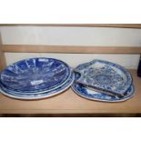 VARIOUS 19TH CENTURY AND LATER DECORATED BLUE AND WHITE PLATES AND DISHES