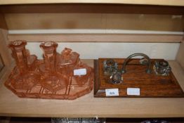 OAK DESK STAND WITH INK BOTTLES AND A DRESSING TABLE GLASS SET