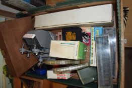 ONE BOX OF MIXED ITEMS TO INCLUDE MINETTE VIEWER/EDITOR, VARIOUS FILM REELS, SLIDE MAGAZINES ETC