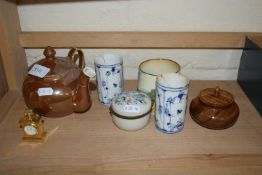 ASSORTED ITEMS TO INCLUDE A SMALL ROYAL DOULTON BEAKER, TEA POT, PAIR OF BLUE AND WHITE VASES AND