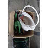 Box of shed clearance items to include watering cans, baskets, bamboo sticks, hand tools etc