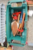 Wheeled gardening toolbox together with various hand tools, hammers, wire brushes etc