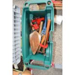 Wheeled gardening toolbox together with various hand tools, hammers, wire brushes etc