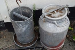 Galvanised bird feeder, height 50cm, along with a vintage milk churn, height 55cm