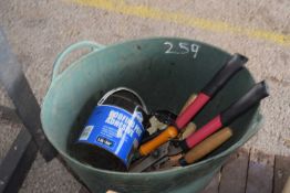Bucket of shed clearance items to include shears, saws etc