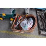 Two boxes of shed clearance items, hand shears, screwdrivers, ironmongery