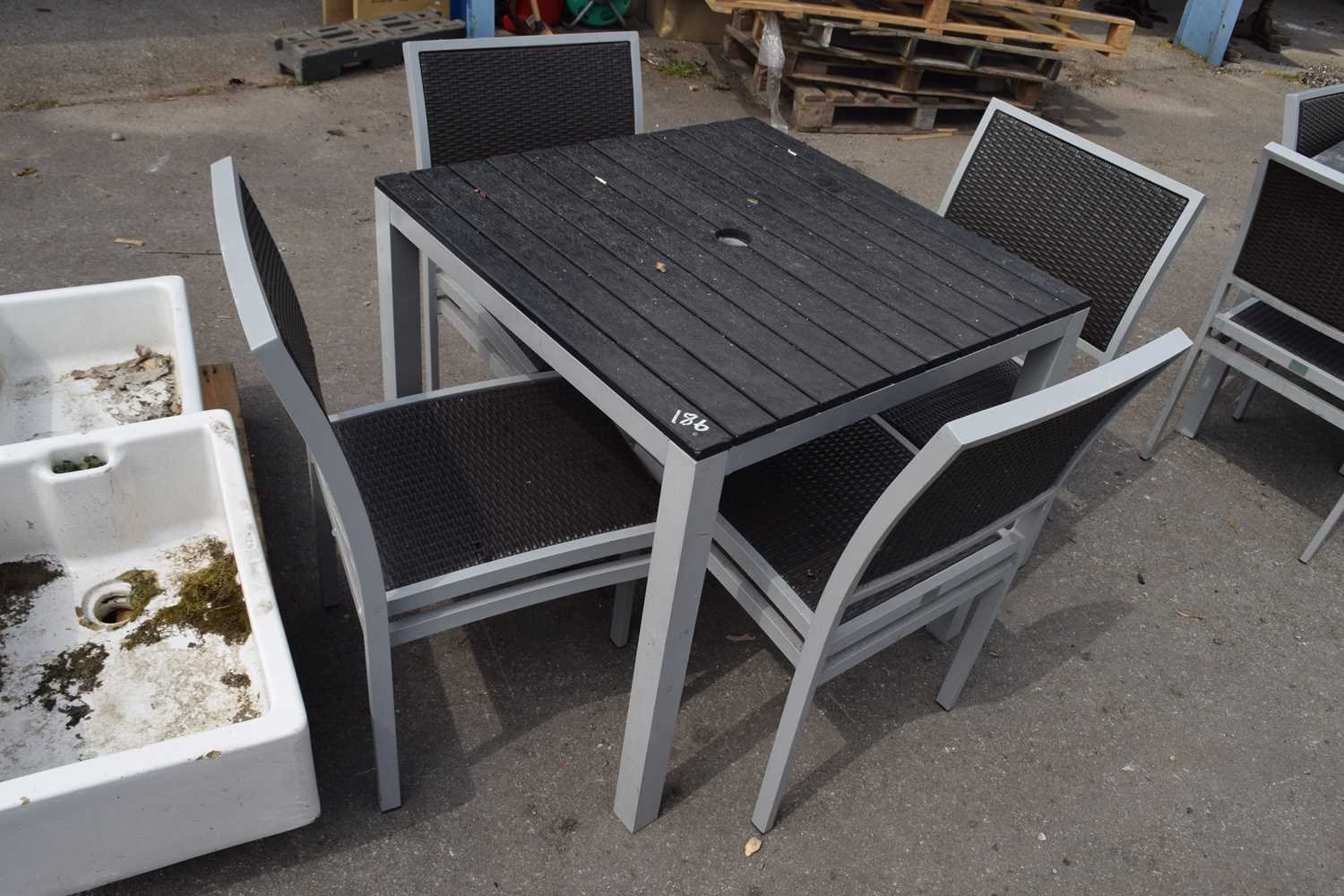 Heavy duty high wear garden dining set consisting of a table and four chairs, table height 75cm,