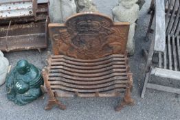 Vintage cast iron fire back and grate, marked '1635' (a/f), width 60cm, height 50cm approx
