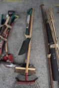 Quantity of gardening tools to include spade, rake, broom etc