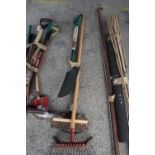 Quantity of gardening tools to include spade, rake, broom etc