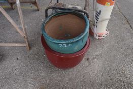 Two large painted plant pots, height 32cm