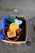 Box of mixed shed clearance items to include buckets, watering cans, hand tools etc