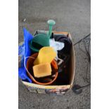 Box of mixed shed clearance items to include buckets, watering cans, hand tools etc