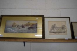 19TH CENTURY SCHOOL, STUDY OF A ROCKY SHORELINE, WATERCOLOUR, FRAMED, TOGETHER WITH A LADBROKE