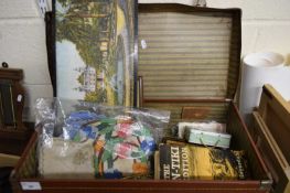 CASE OF MIXED ITEMS TO INCLUDE FRAMED PRINTS, CASH TIN, TABLE MATS ETC