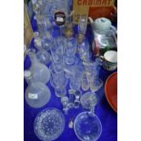 VARIOUS DECANTERS, GLASS WARES ETC