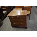 SMALL 19TH CENTURY MAHOGANY THREE DRAWER CHEST WITH OVAL BRASS HANDLES, 78CM WIDE