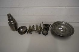 MIXED LOT: PEWTER TAZZA, COCKTAIL SHAKER, MODEL FIGHTING COCKS ETC