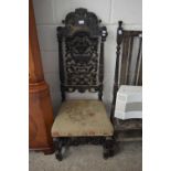 17TH CENTURY HIGH BACK CHAIR WITH PIERCED AND CARVED DECORATION AND A FLORAL UPHOLSTERED SEAT,