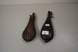 19TH CENTURY COPPER POWDER FLASK AND A FURTHER LEATHER SHOT FLASK (2)