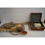 MIXED LOT - SCULPTOR'S WOODEN MALLET, CARPET BEATERS, COPPER FRENCH HORN AND AN ARTIST'S BOX AND