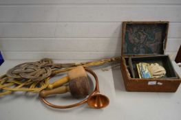 MIXED LOT - SCULPTOR'S WOODEN MALLET, CARPET BEATERS, COPPER FRENCH HORN AND AN ARTIST'S BOX AND