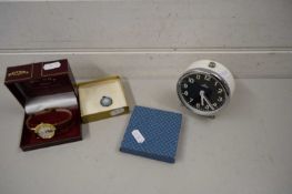 ROTARY WRIST WATCH, A JASPERWARE PENDANT AND A SMALL BEDSIDE CLOCK
