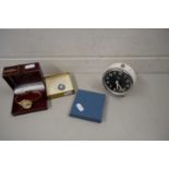 ROTARY WRIST WATCH, A JASPERWARE PENDANT AND A SMALL BEDSIDE CLOCK