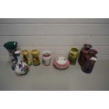MIXED LOT OF VASES TO INCLUDE A BARNSTAPLE FISH VASE (A/F)