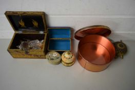 MIXED TINS, POLISHED STONE TRINKET BOX, CLOISONNE BOX, TURTLE BELL ETC