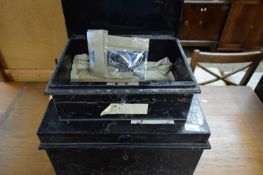 TWO VINTAGE METAL CASH OR DEED BOXES