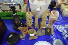 MIXED LOT - CHINESE CARVED SOAPSTONE FIGURES, SIMILAR VASE, ASHTRAY, ETC