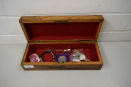 BOX OF MIXED ITEMS TO INCLUDE COMMEMORATIVE COINS, WRIST WATCH, CAMEO BROOCH ETC