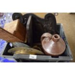 VARIOUS ITEMS TO INCLUDE CARVED WOODEN WALL BRACKET, BRASS PLATES, STONEWARE FLAGON ETC
