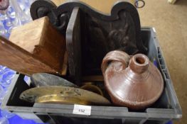 VARIOUS ITEMS TO INCLUDE CARVED WOODEN WALL BRACKET, BRASS PLATES, STONEWARE FLAGON ETC