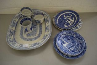 VICTORIAN BLUE AND WHITE MEAT PLATE TOGETHER WITH OTHER BLUE AND WHITE WARES TO INCLUDE SPODE BLUE